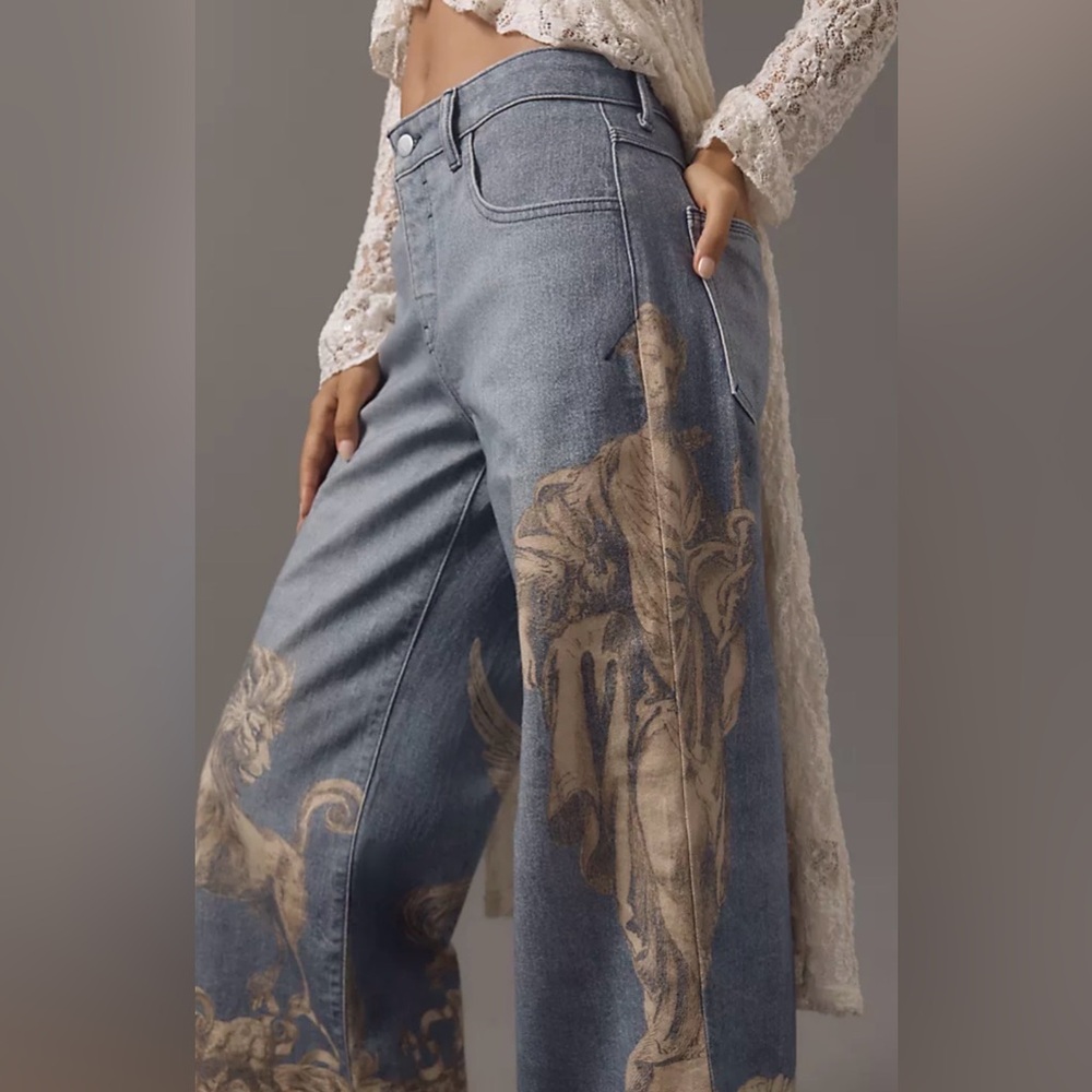 Anthropologie Blue Denim Wide-Leg Jeans with Beige Baroque Motif